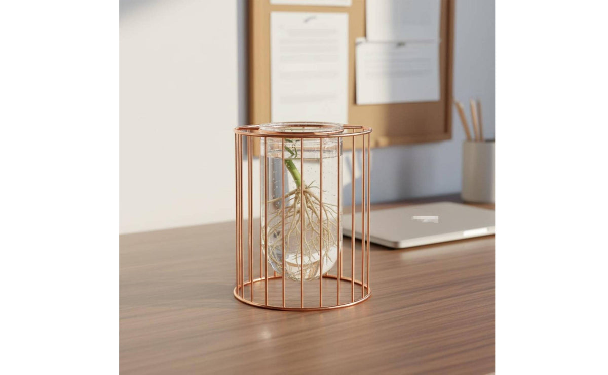 Minimalist Design Metal Frame Hydroponic Vase Modern Iron Frame Flower Pot Decorative Centerpiece Desktop Propagation Station Pink Gold Finish for Office, Windowsill, Bookshelf