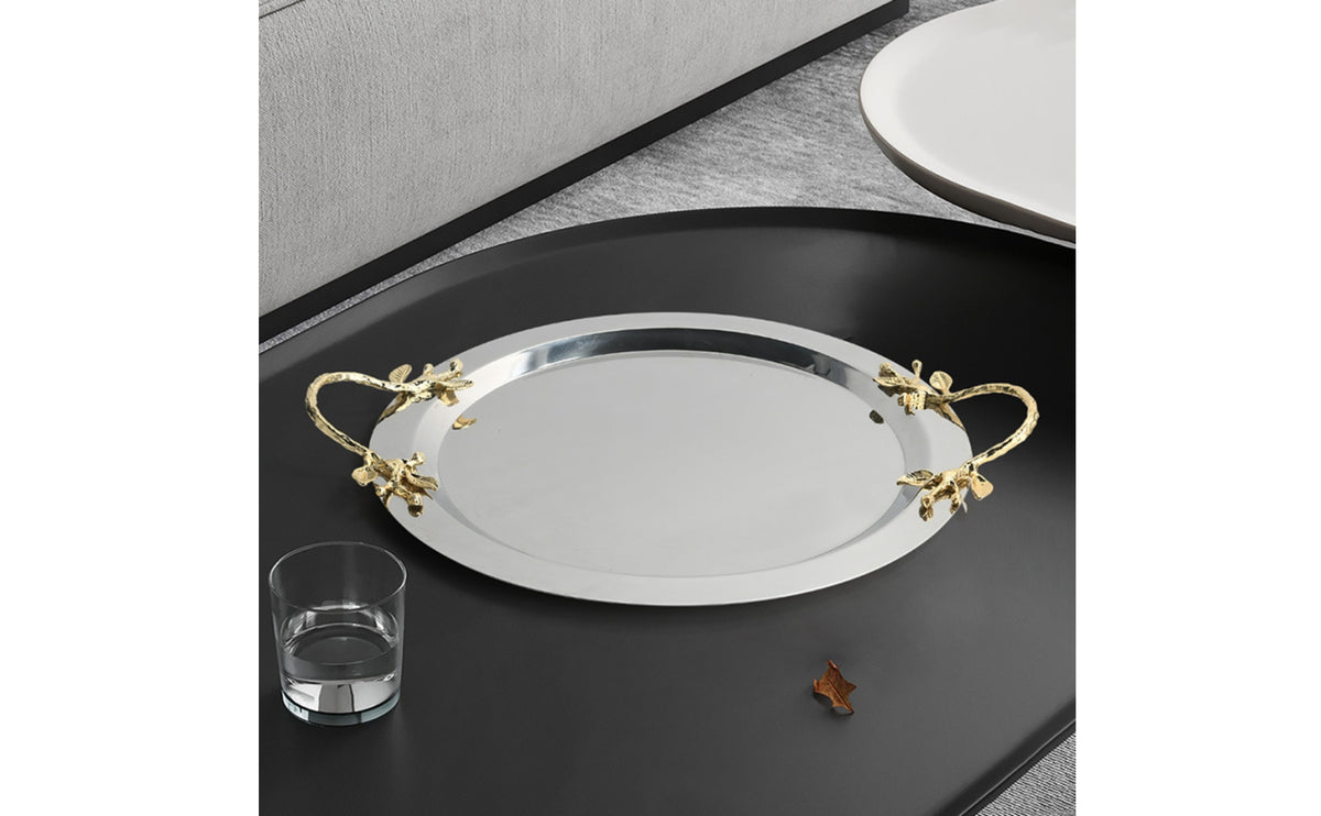 Serving Tray with Handles Mirrored Stainless Steel Tray Decorative Serving Platter for Hosts, Homeowners, Dining Table, Home Bar, Parties