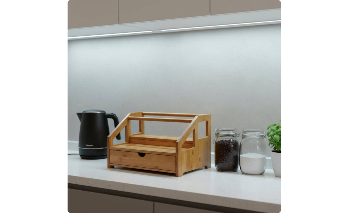 Countertop 3-Tier Coffee Organizer Sturdy Multi-Slot Bamboo Storage Box Eco-Friendly Bamboo Tea Bag Organizer Decorative for Cafe Owners, Baristas, Kitchen