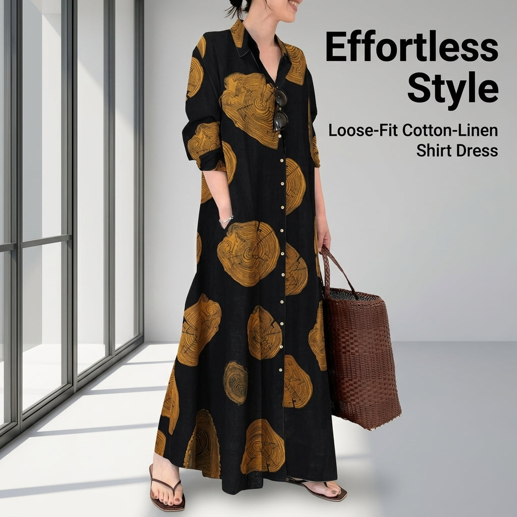 Maxi Dress for Women with Long Sleeve and Printed Pattern Design, Linen Shirt Style for Office and Casual Wear, Button Front