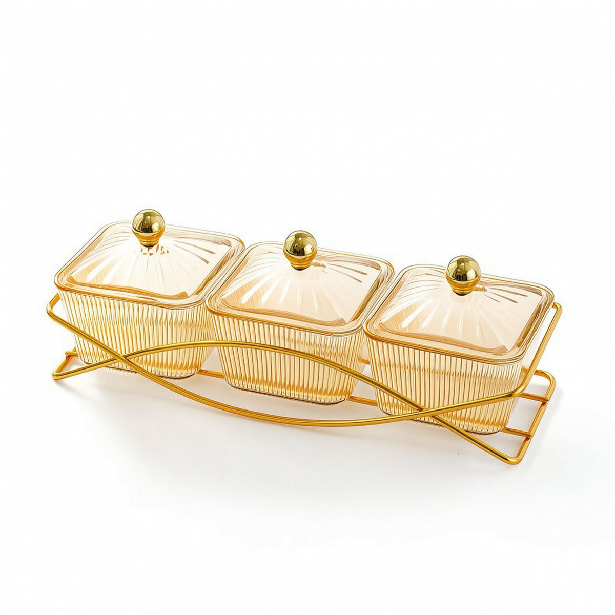 3-Compartment Serving Tray with Lidded Containers Gold-Tone Snack Tray with Lids Transparent Condiment Server with Lids Rectangular for Hosts, Dessert Service, Tea Time, Coffee Table, Countertop