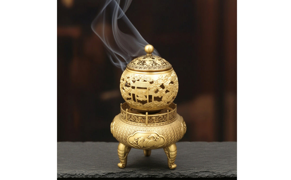 Brass Incense Burner Decorative Incense Burner with Lid Embossed Vessel for Tea Room