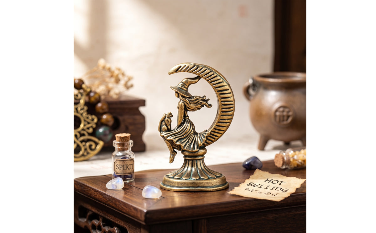 Brass-Toned Witch with Cat Figurine Halloween Miniature Shelf Decor