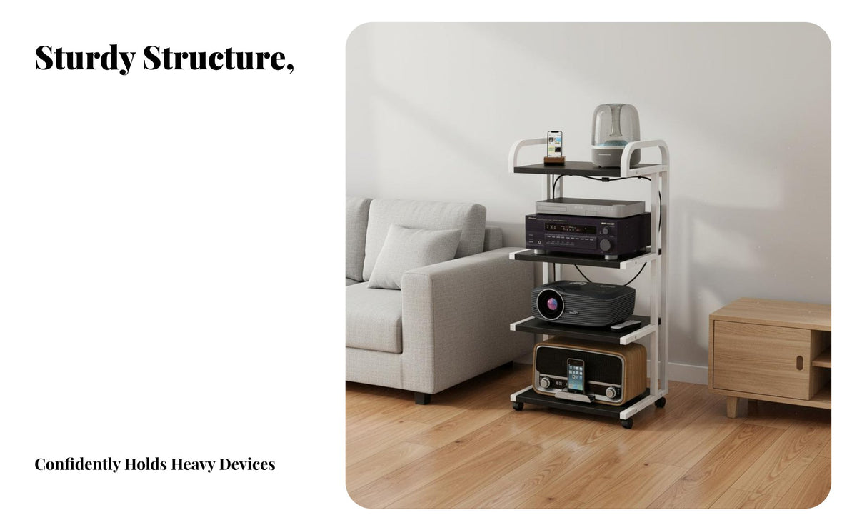 With Wheels Amplifier Equipment Rack Heavy Duty Construction AV Media Stand Sturdy and Long-Lasting Mobile Audio Stand Large Capacity for Audiophiles, Home Theater Enthusiasts, Living Room, KTV
