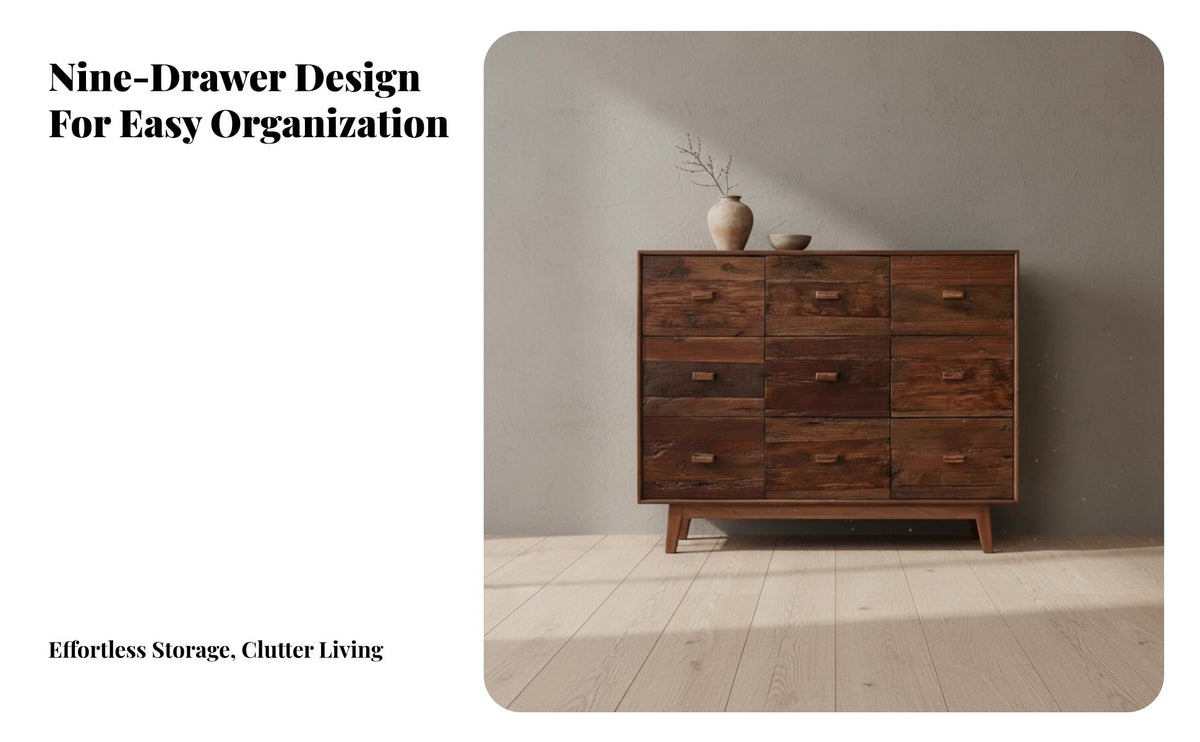 Naturally Weathered Finish Wabi-Sabi Design Low Cabinet Artisan-Made Rustic Elm Wood Sideboard 9 Drawer Wooden Chest for Guesthouse Owners, Homeowners, Interior Designers, Living Room, Bedroom, Entryway