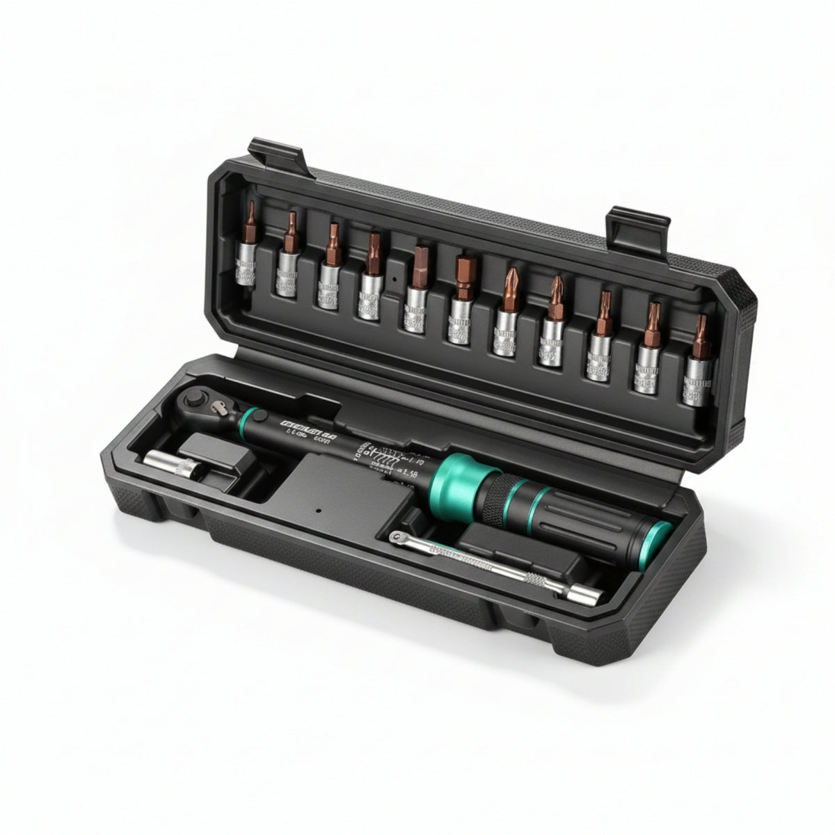 Hard Storage Case Mini Cycle Tightening Force Wrench 2.5-30 Nm 1/4 Inch Drive Tightening Force Wrench Set Knurled Grip Cycle Repair Kit Driver Bits