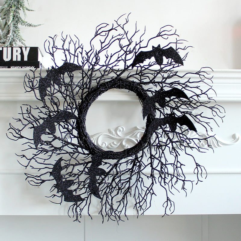 Halloween Wreath with Black Dried Branches and Bat