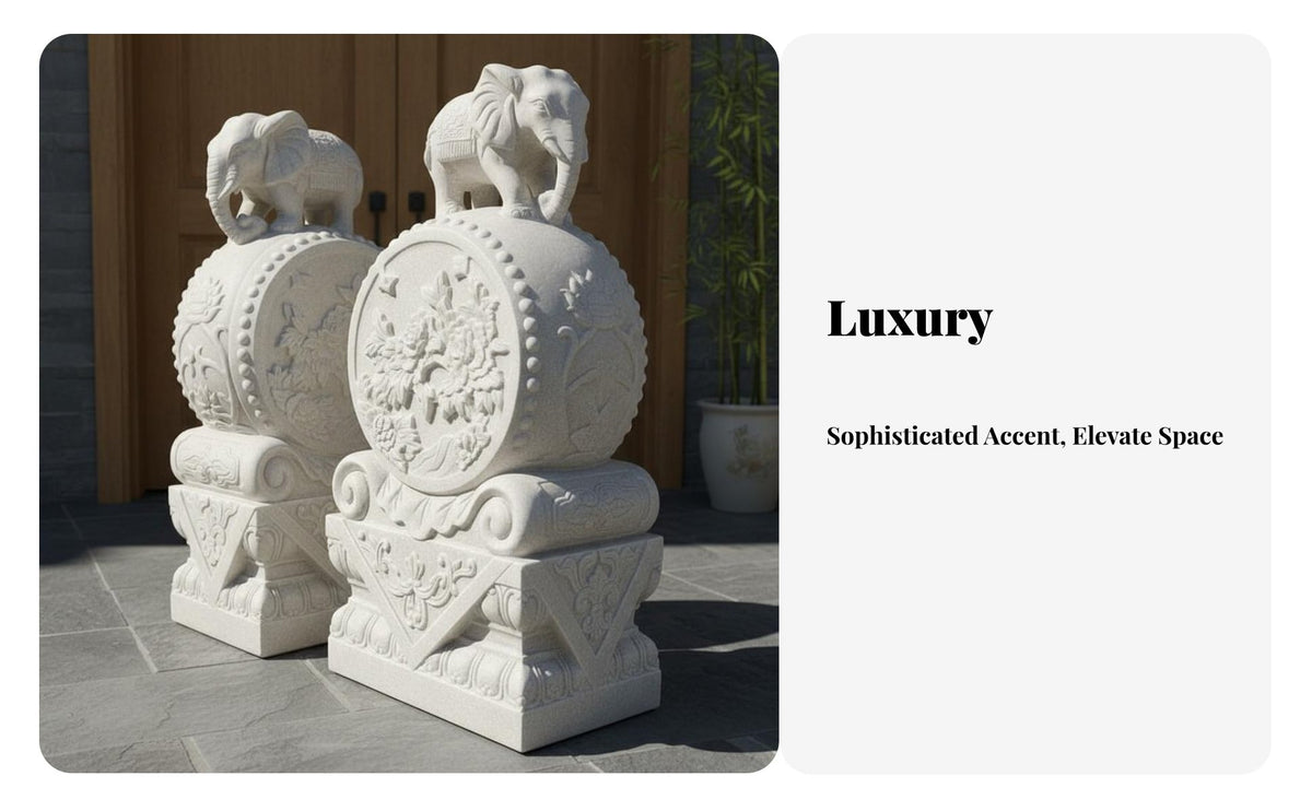2 Pieces Stone Door Pier Traditional Design Chinese Drum Stone Hand-Carved Protector Lion Gate Post for Business Owners, Entranceway, Courtyard