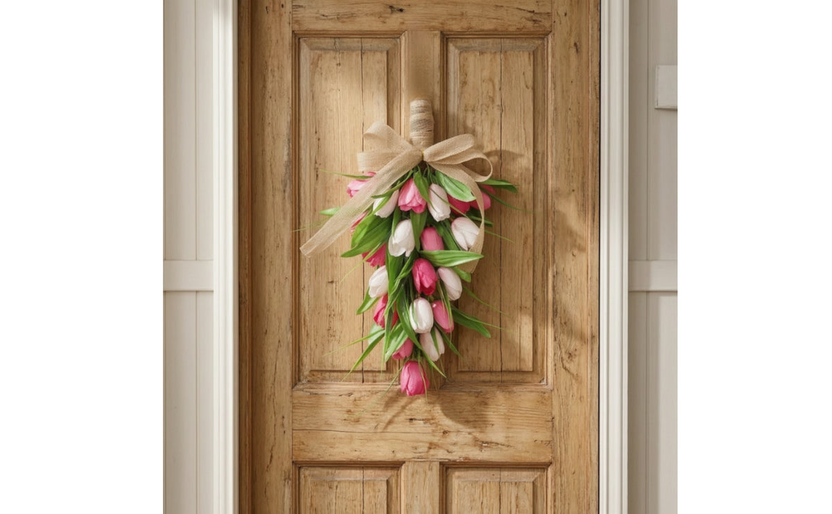 Floral Teardrop Swag with Burlap Bow Faux Teardrop Swag with Burlap Bow Realistic Hanging Flowers for Brides, Wall Decor, Wedding