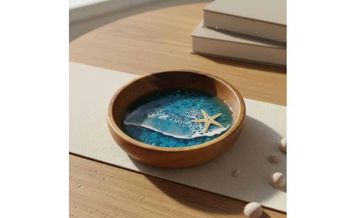 Handmade Ocean Resin Art Bowl Resin Wave Art Ornament Coastal Theme Trinket Dish for Bookshelf