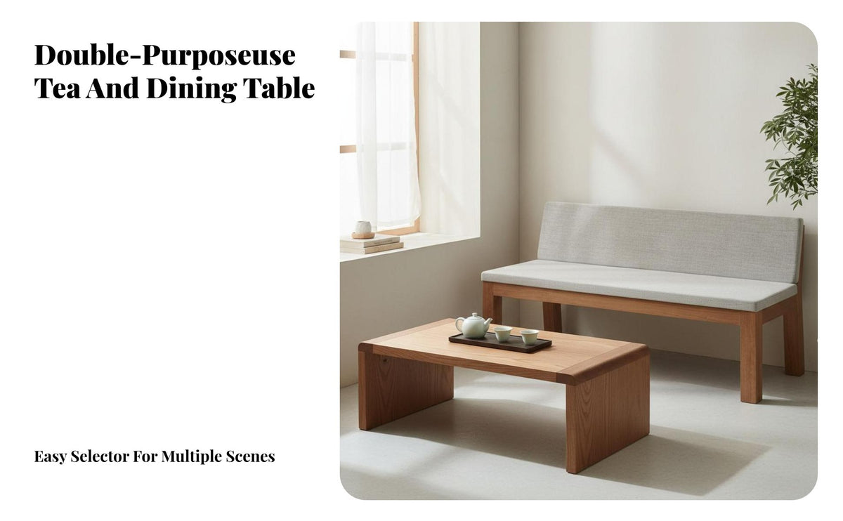 hardwood Wood Rectangular Table with Seating Multi-Purpose Long Rectangular Table with Matching Bench adaptable Use Dining Set Minimalist Design for Tea Lovers, Apartment Dwellers, Homeowners, Living Room, Home Office, Kitchen, morning dining area