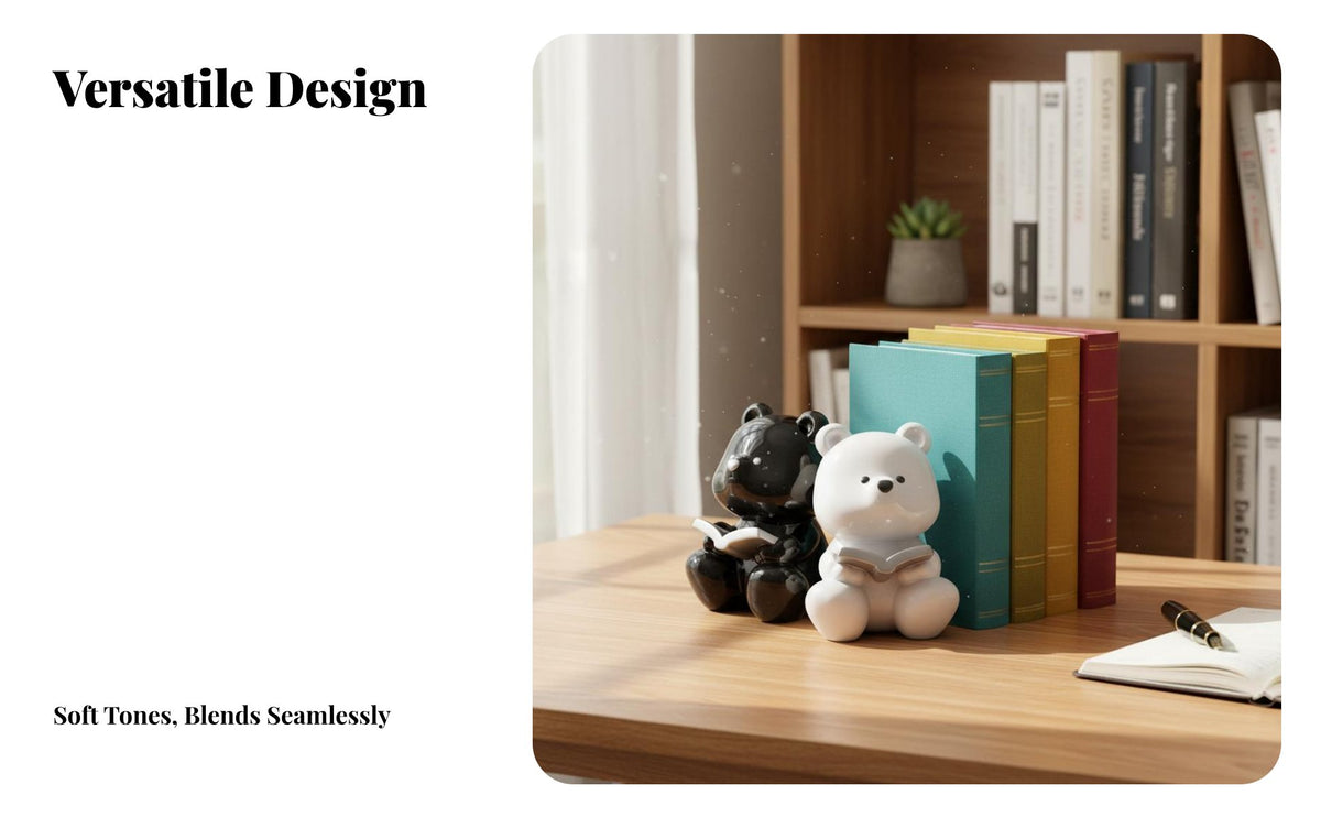 Creamy Design Decor Ceramic Bear Bookend Adorable Design Cute Bear Book Holder Decorative for Students, Women, Office, Bookshelf, Bedroom