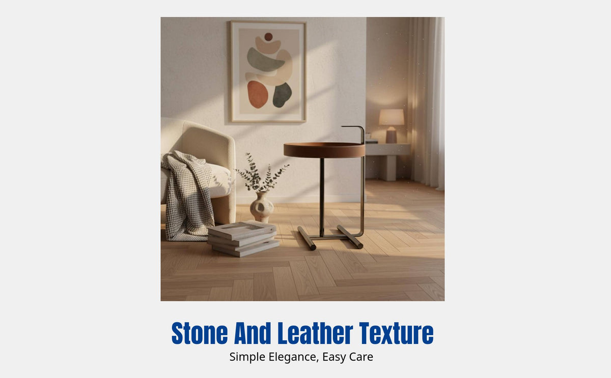 Nordic Luxury Round Coffee Table, Saddle Leather & Sintered Stone, Modern Minimalist, Living Room Accent