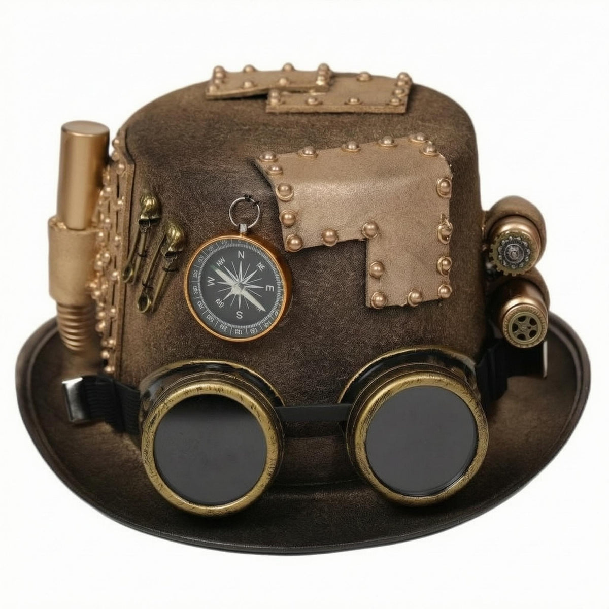 Gold and Brown Steampunk Hat Wide Brim Goggles Hat Rounded Crown Costume Headwear Riveted Design