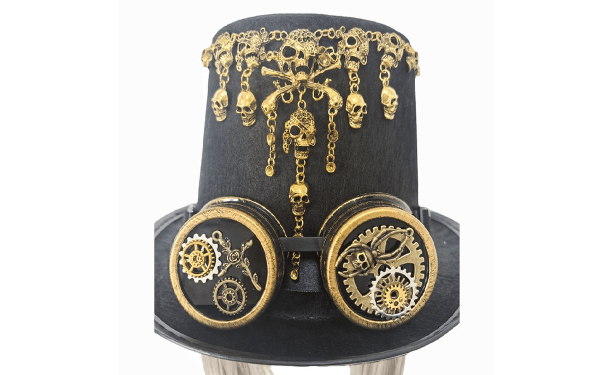 Wide Brim Gothic Steampunk Hat Black Steampunk Top Hat Gold-Toned Headwear Tall Crown