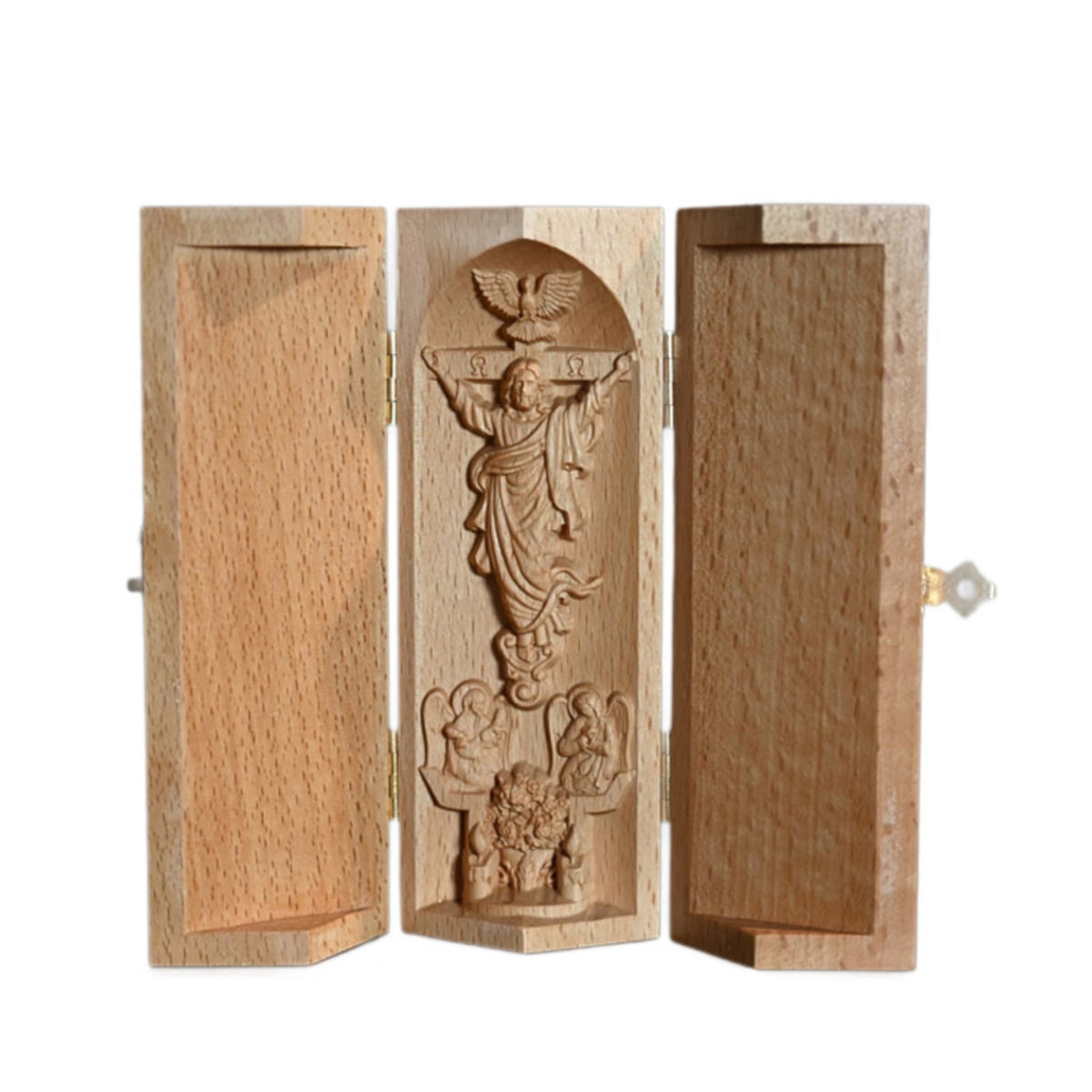 Folding Triptych Tabletop Carving with Hinged Panels Hand-Carved Shrine for Collectors, Desk