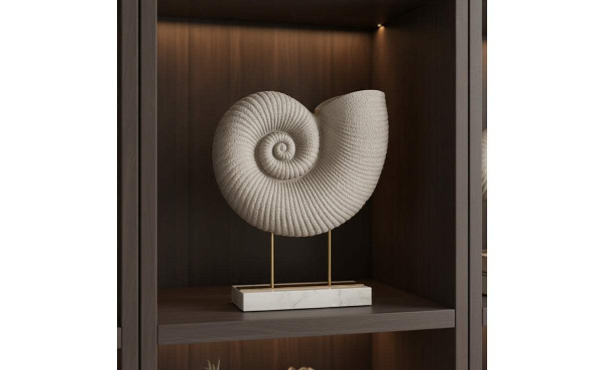 Conch Sculpture Cream Shell Statue with Stand Ribbed Spiral Shell Decor for Interior Decorators, Art Collectors, Living Room, Bookshelf, Office Desk