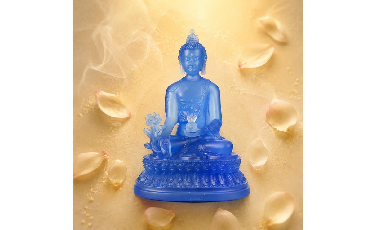 Therapeutic Buddha Statue Gold Foil Resin Buddha Sculpture Ornate Details
