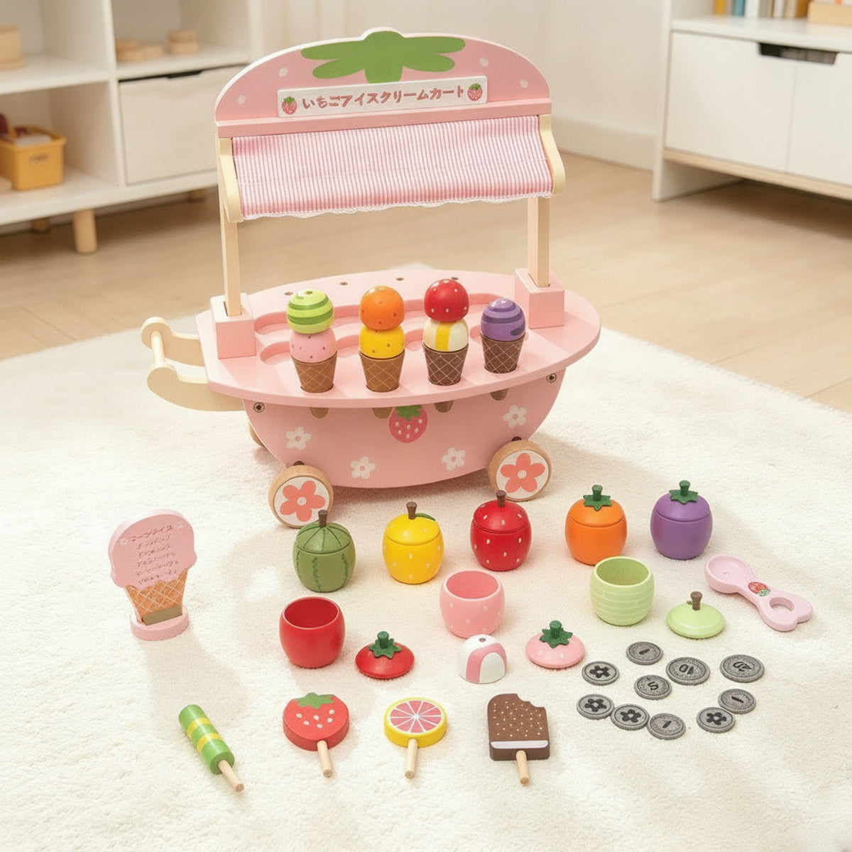 Strawberry Themed Ice Cream Cart with Storage Educational Toy Cart with Play Food Sturdy Playset Screen-Unplugged for Playroom
