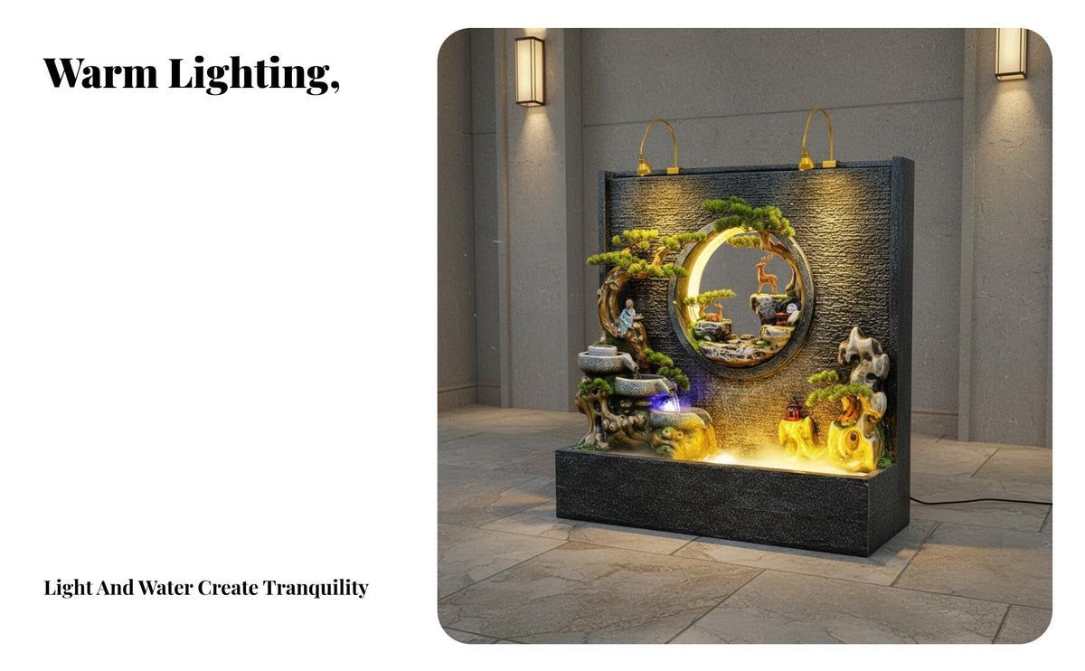 Freestanding Rockery Water Feature Feng Shui Ornament Floor Standing Water Feature Faux Stone Finish Indoor Outdoor Waterfall for Business Owners