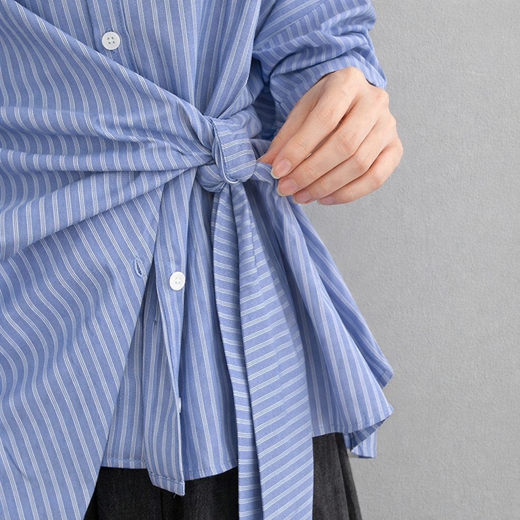 Linen Shirt for Women Long Sleeve Plaid Design with Waist Tie, Blended Checkered Blouse for Office Wear