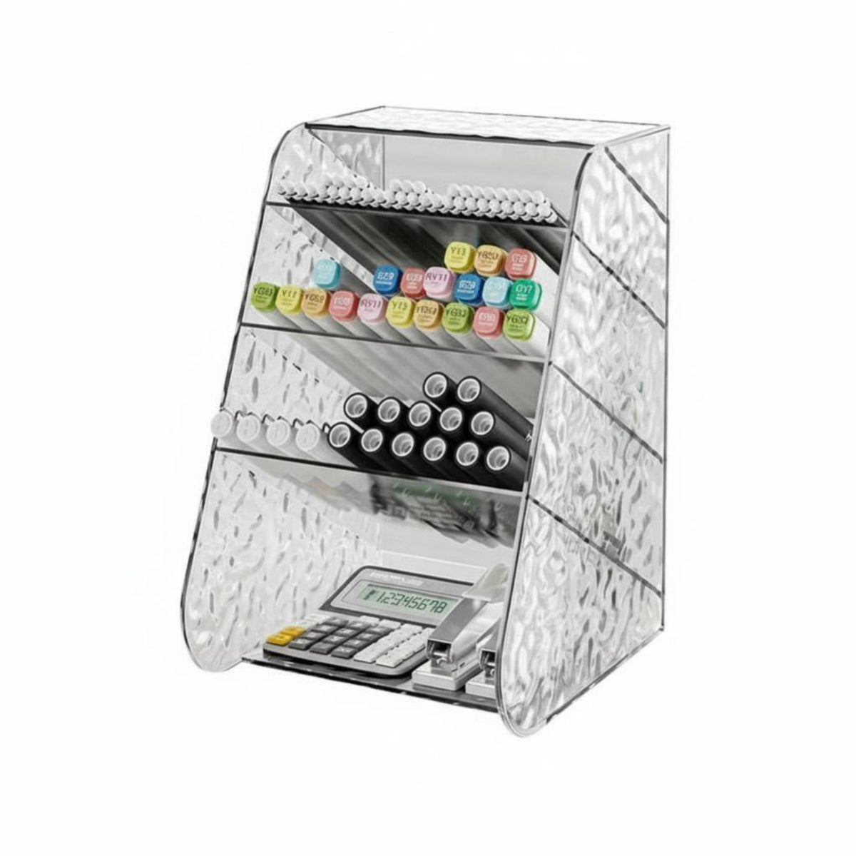 Transparent Slanted Pen Holder Multi-Functional Slanted Compartment Rack with Drawer Large Capacity Desk Organizer Space Saving for Students, educators, Artists, Study Room, School, Dormitory, Makeup Vanity