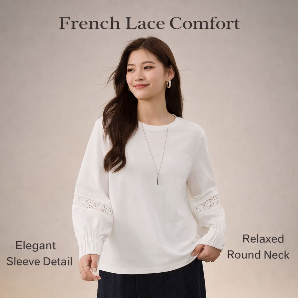 Lace Top for Plus Size Women with French Trim Detail, Round Neck Pullover Shirt for Office Wear and Business Casual, Polyester Blouse