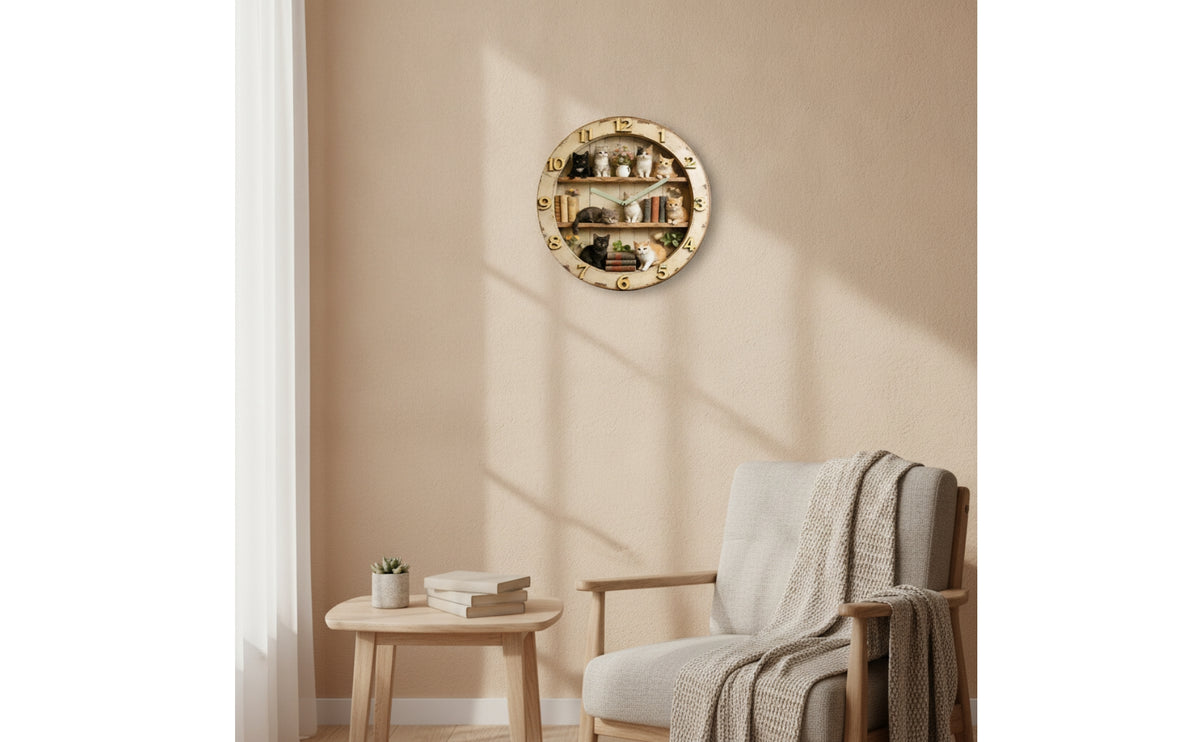 Wood-Look Cat Wall Clock Rustic Wall Clock with Arabic Numerals Vintage Pastoral for Book Lovers, Living Room, Reading Corner, Home Office