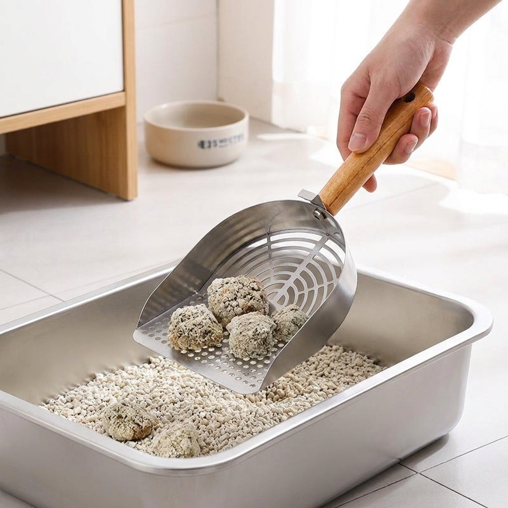 Litter Sifter with Rosewood Handle Ladle, Stainless Steel Strainer for Cat Owner, Fine Screen Tool for Tofu and Clumping Tray Waste Removal