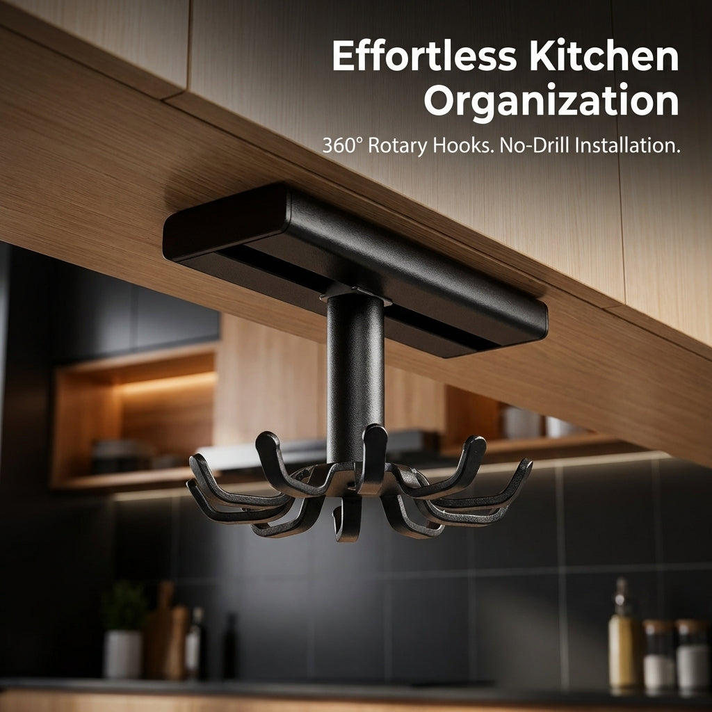 Cabinet Hanging Rack and Wall Organizer for Home Cook, Space Aluminium Under Shelf with Rotating Hooks