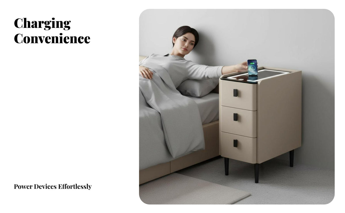 Wireless Charging 3-Drawer Smart Table Biometric Lock Nightstand Built-in Bluetooth Speaker Bedside Cabinet Slim Design for Technology Enthusiasts Enthusiasts, Apartment Dwellers, Homeowners, Dorm Room, Home Inactiveice