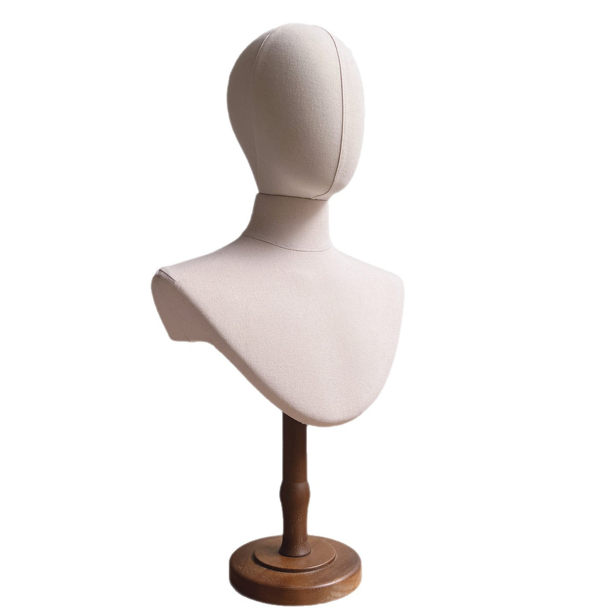 White Linen Bust Form Head Model Display Stand with Antique Wood Base
