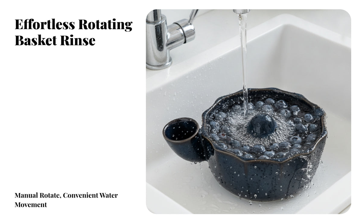 Ceramic Colander with Pouring Cup Easy-Drain Fruit Washing Bowl