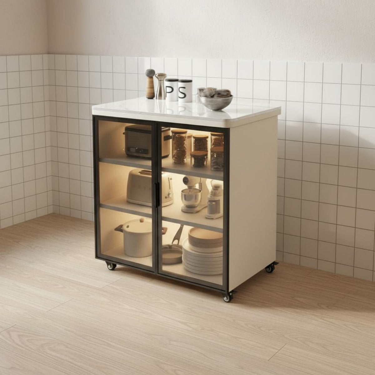 Lockable Casters Mobile Kitchen Island with Storage Large Capacity Mobile Kitchen Island Long-Lasting Work Surface Glass Door Buffet Cabinet Heavy Duty for Dining Room