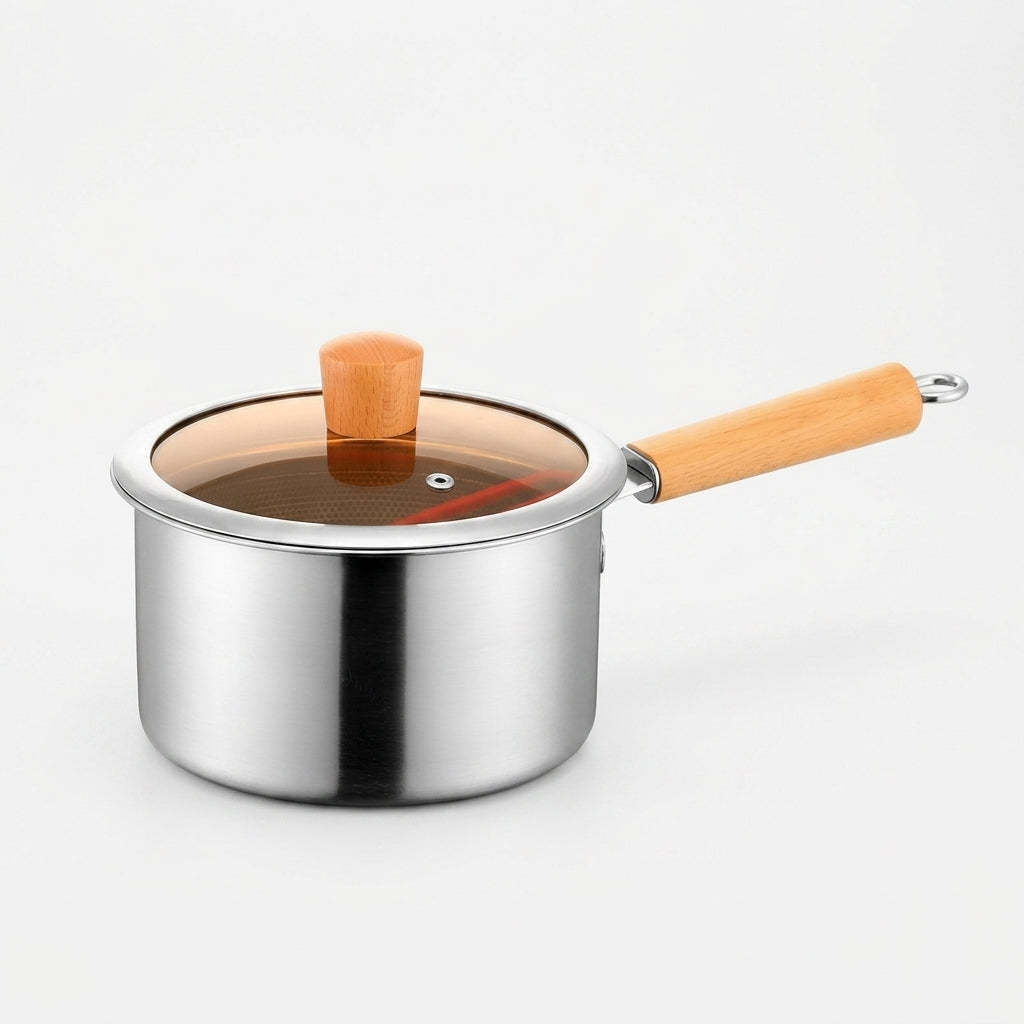 Instant Noodles Stainless Steel Pot with Glass Lid, 304 Stainless Steel Deep Fryer and Milk Pan, Small Frying Pan and Baby Food Maker, Tongs