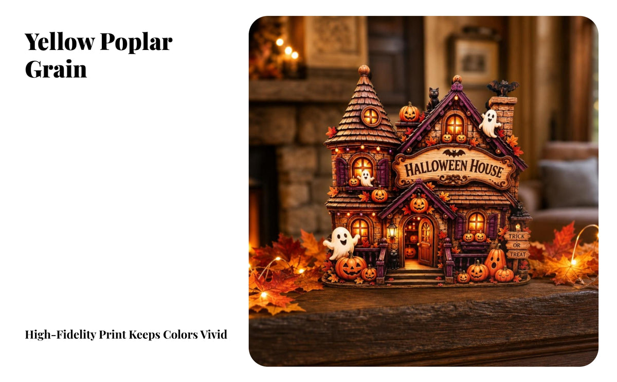 Seasonal Wooden Haunted House Spooky Halloween House Ornament Compact Tabletop Sign for Desk, Shelf, Mantel, Entryway
