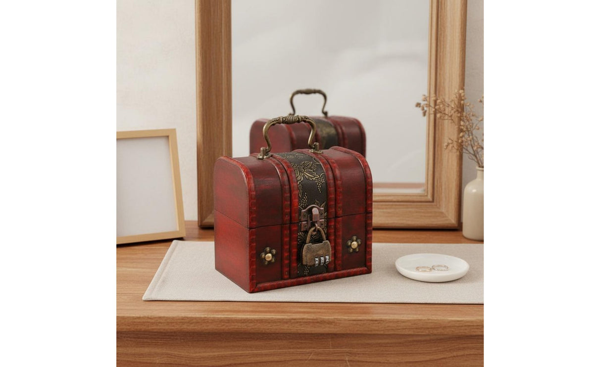 Red Wooden Storage Box with Lock Lockable Treasure Box Ideal Gift Vintage Wooden Treasure Chest for Desktop