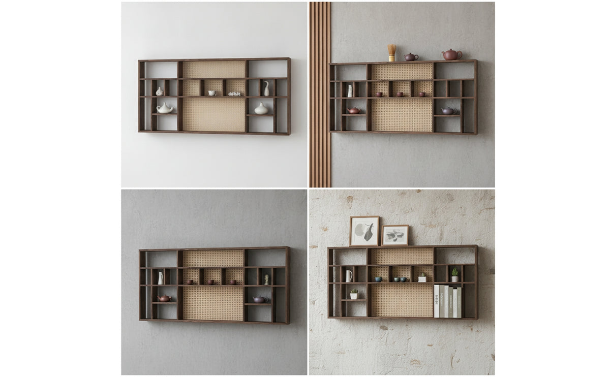 Tea-Room Display Rack Woven Rattan-Wall-Mounted Shelf with Compartments Open-Grid Wooden Display Shelf for Collectors