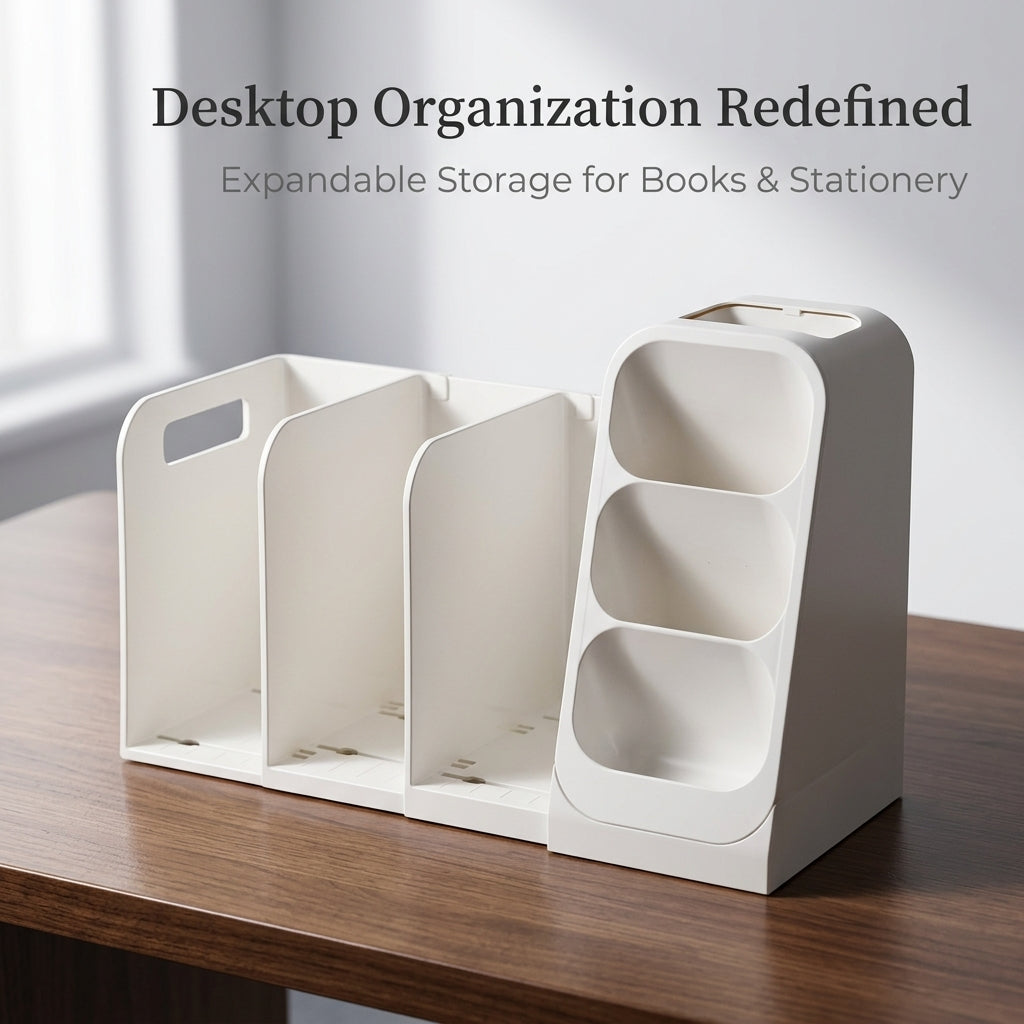 Desktop Organizer with Pen Holder, Expandable Book Stand for Office Desk, Adjustable Bookends with Storage Compartments, Cream White