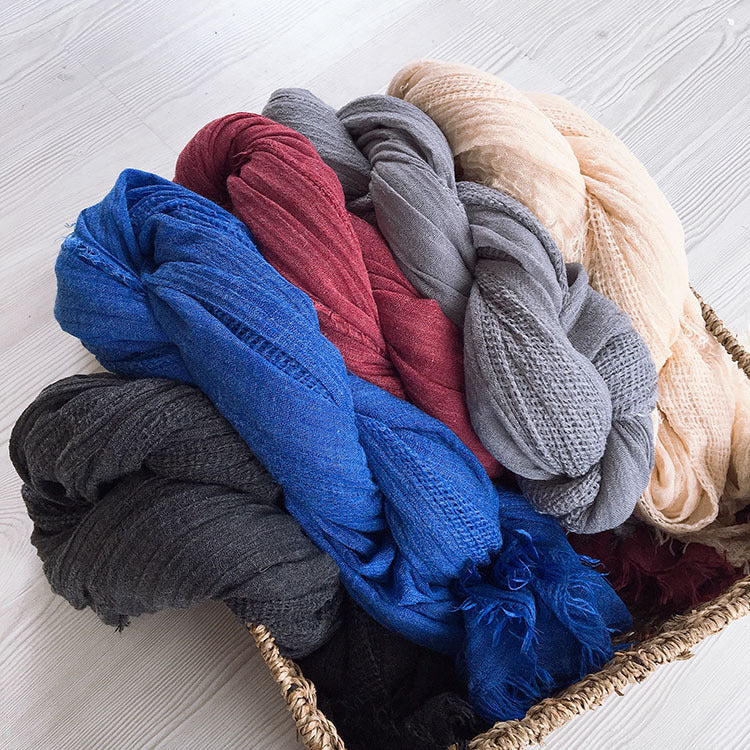 Women's Solid Color Wool Scarf with Textured Pleats, Extended Warm Shawl for Autumn/Winter