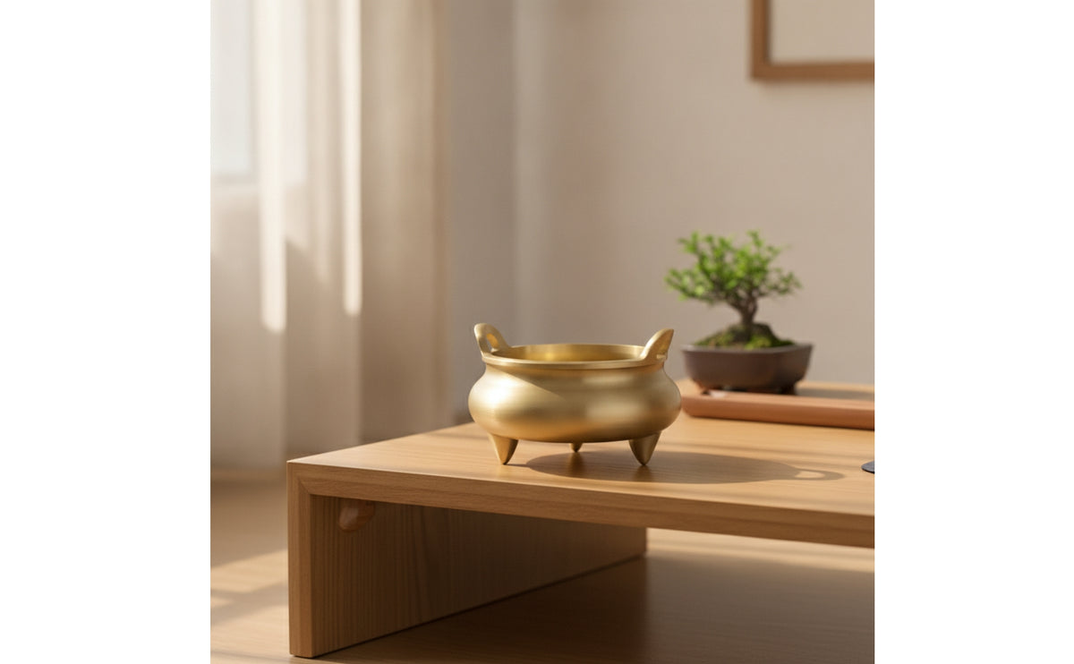 Incense Burner Gold Toned Scent Bowl with Handles Three Legged Vessel for Meditation, Altar