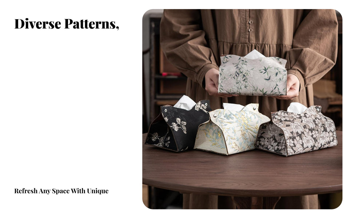 Cloth Tissue Box Cover Elegant Design Brocade Tissue Pouch Easy to Refill Chinese Design Napkin Holder for Tea Lovers, Living Room, Car, Office
