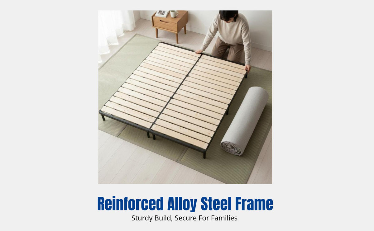 Bed Frame, Sturdy Wood Slatted Base, Foldable Japanese Style, Reinforced, Universal, Customizable, Noiseless