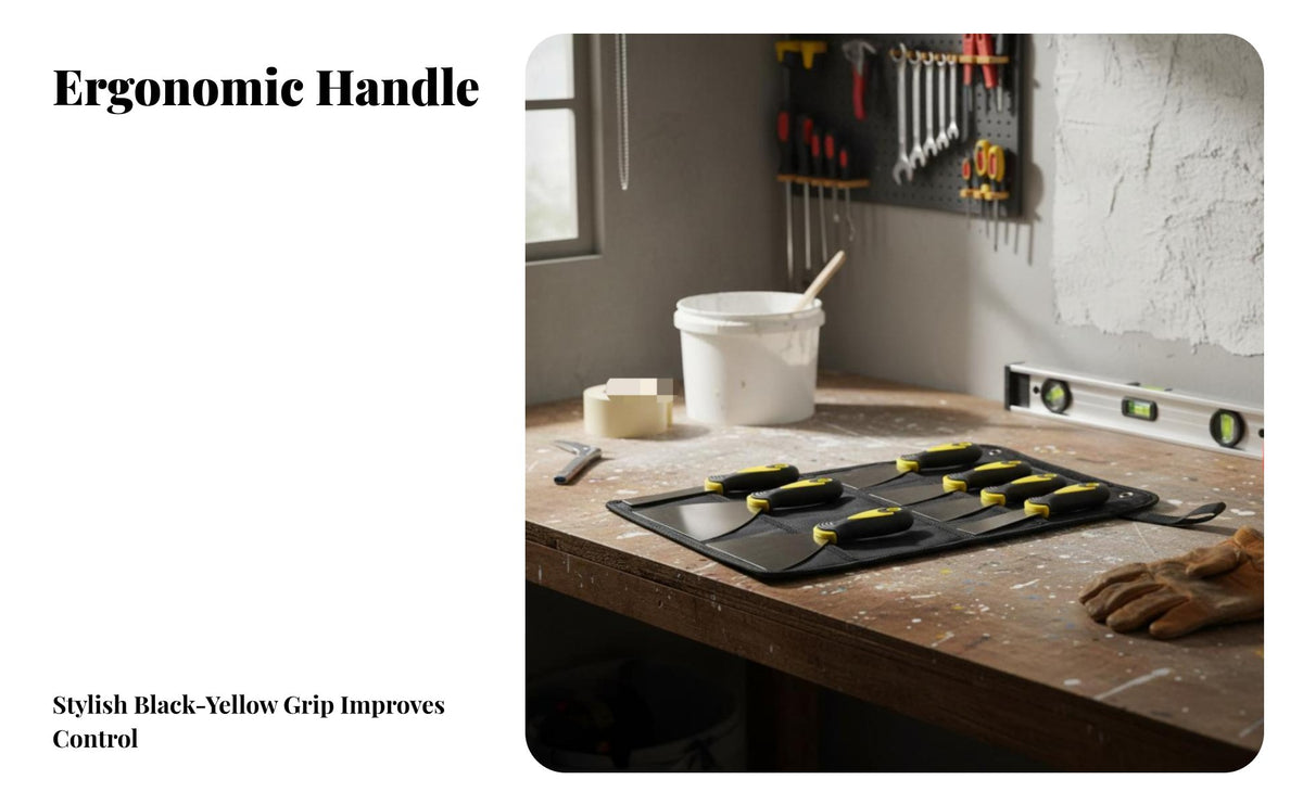 7 Pieces Putty Set Ergonomic Bi-Color Handles Stainless Steel Set Storage Bag Included Spackle Tool Kit for Painters, Handymen
