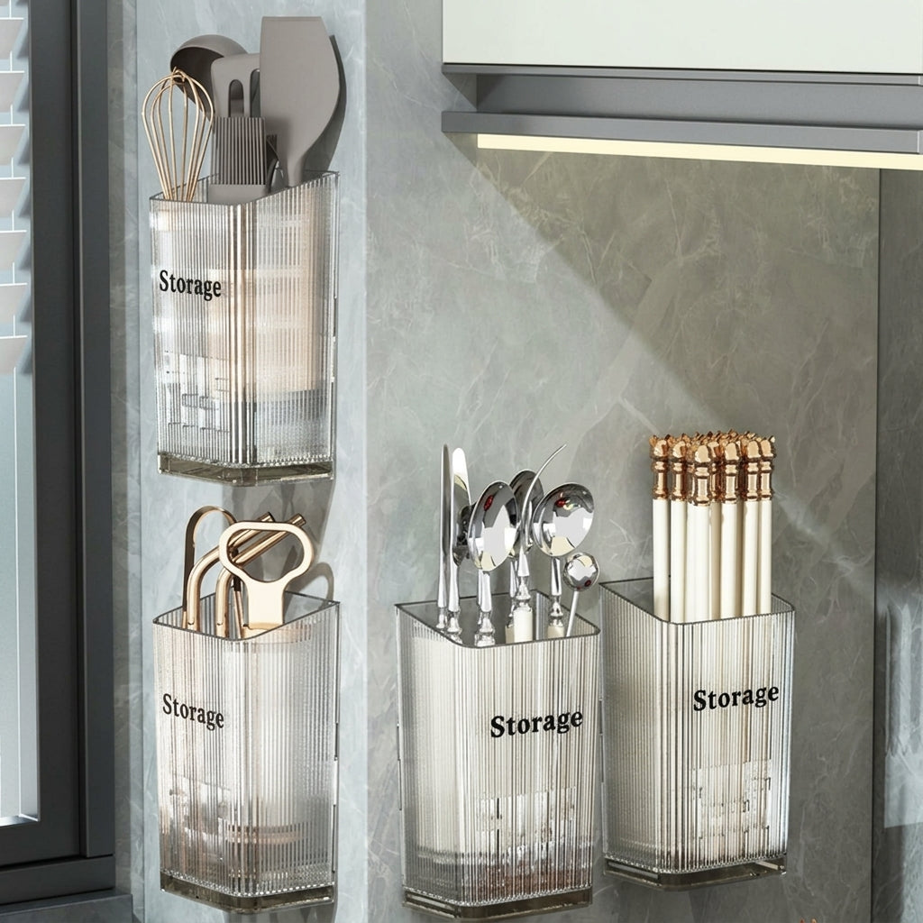 Kitchen Cutlery Organizer, Adhesive Plastic Utensil Storage, Modern Minimalist Rack with Drainage