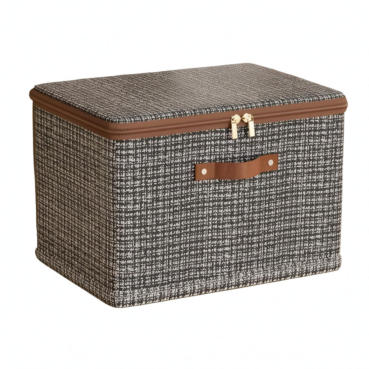 Zipper Closure Foldable Textile Storage Box Side Handles Zippered Textile Storage Box Fitted Lid Home Organizer Textured Woven Pattern