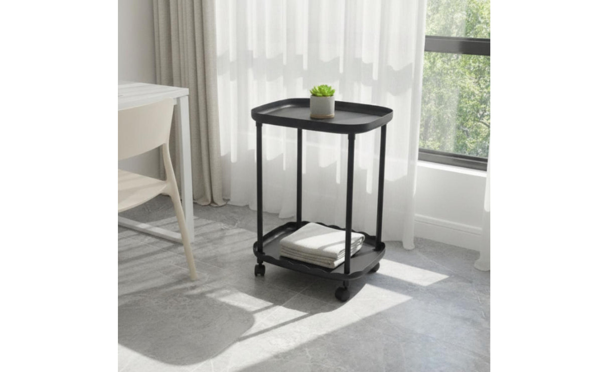 Rolling Side Table Compact Mobile Bedside Table Space-Saving Two-Tier Utility Cart for Bedroom, Living Room, Small Apartment