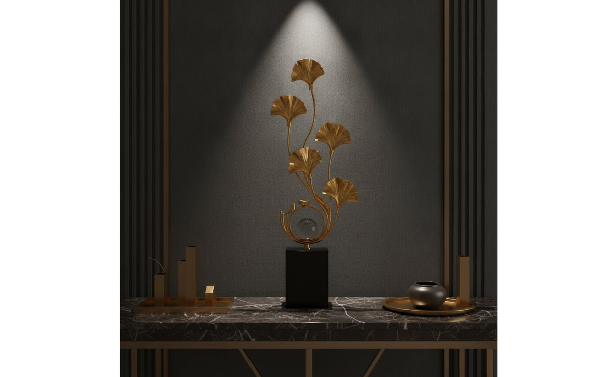 Ginkgo Leaf Sculpture Gold-Toned Metal Leaf Sculpture Decorative Floor Statue with Metal Base for Interior Decorators, Living Room, Entryway