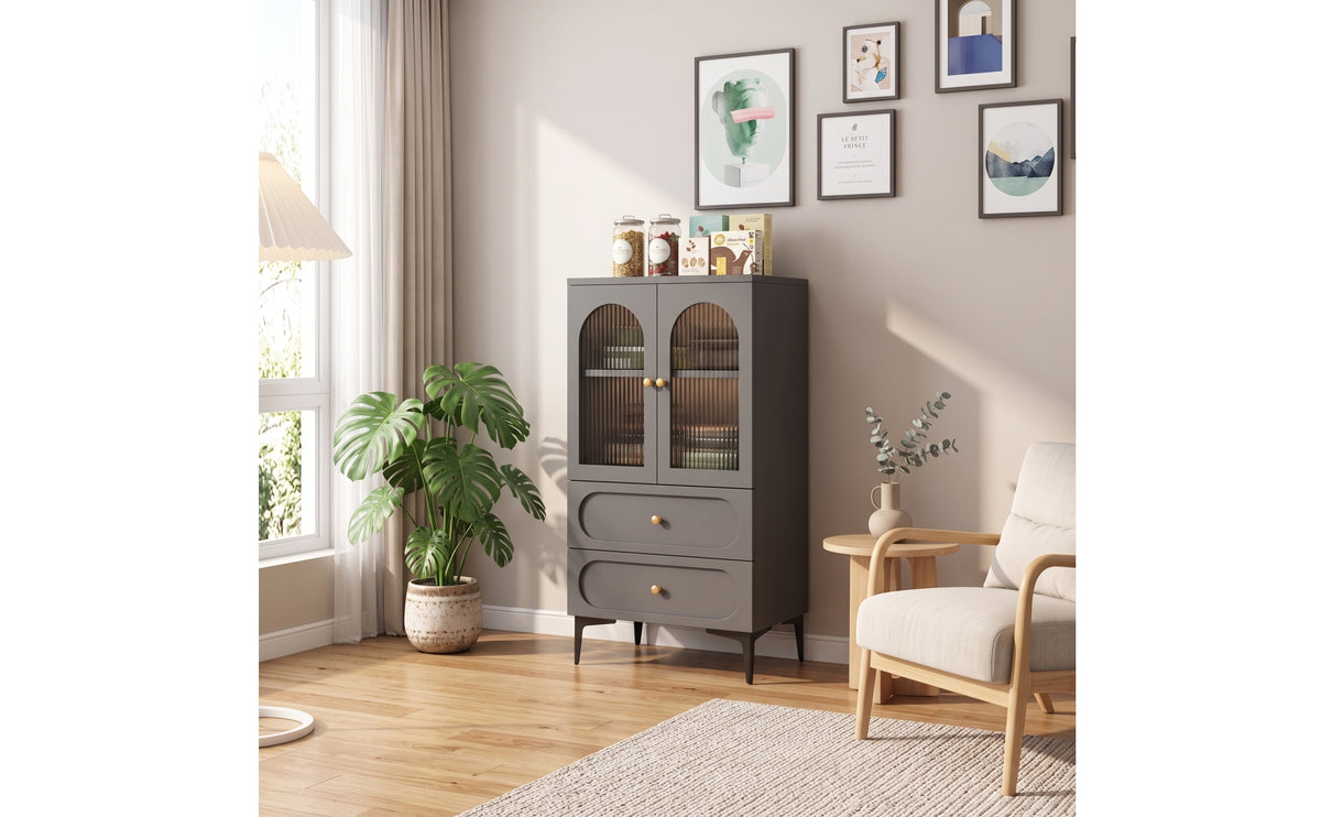 Cabinet with Glass Doors Tall Side Cabinet Space-Saving Sideboard for Living Room