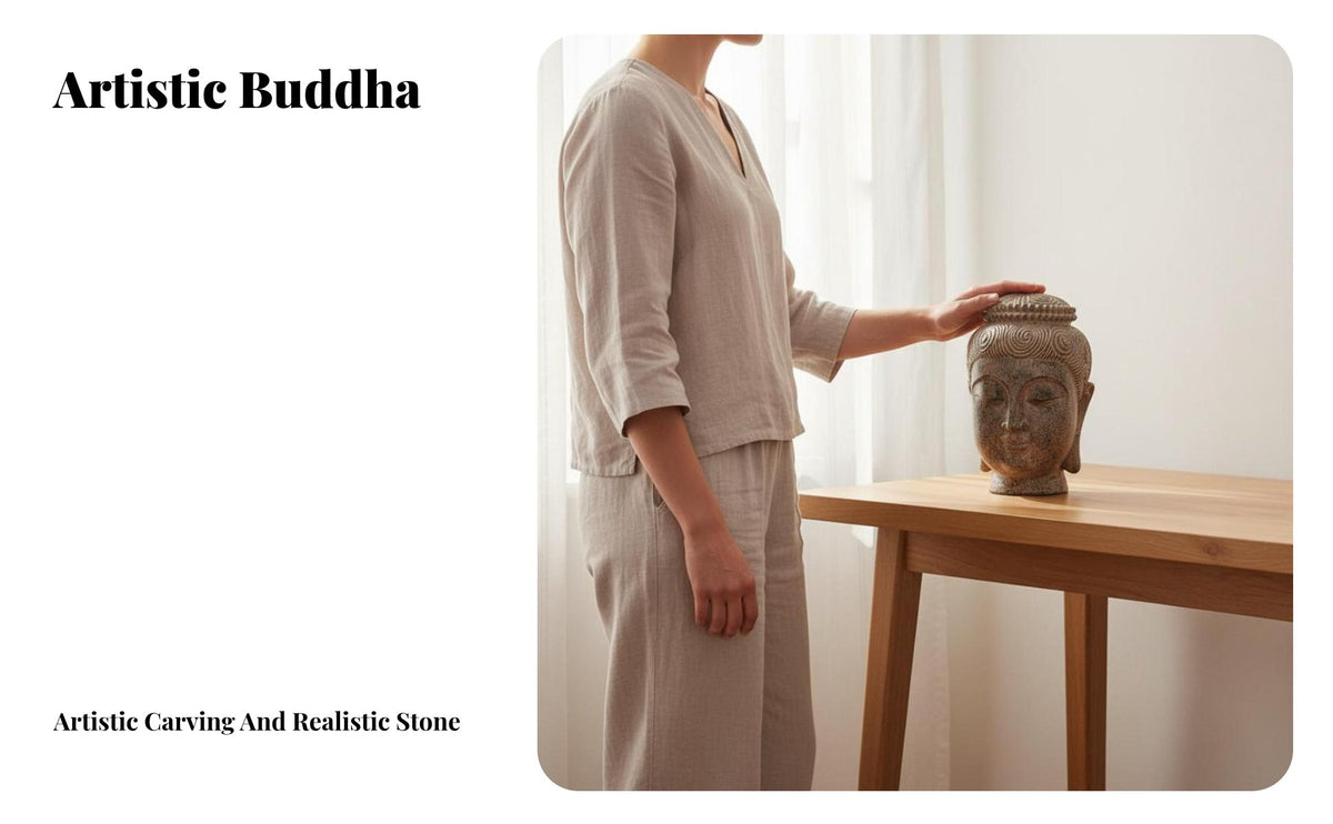Buddha Head Statue Peaceful Expression Southeast Asian Buddha Head Masterful Craftsmanship Meditative Design Sculpture for Interior Designers